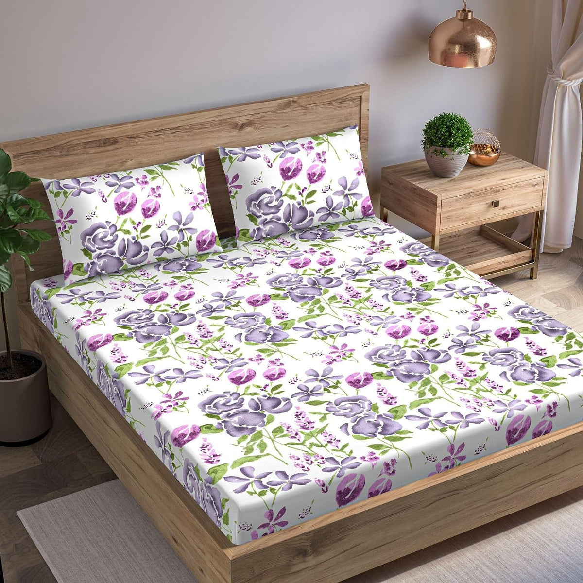 Twin Bed Size Elastic Fitted Bedsheet With 2 Pillow Cover | 48 X 75 Inches, White & Lavender | Best Gifting For Festival, Housewarming, Anniversary, Friends Family