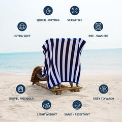 Lane Linen 100% Cotton Large Bath Towels 1000 Gsm | Cabana Stripe Bathroom Towels | Highly Absorbent, Soft & Quick Dry Towels - Blue (Pack Of 2)