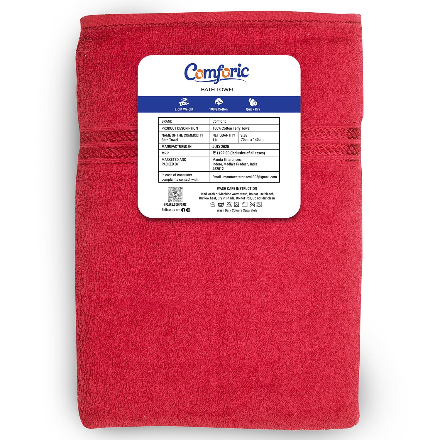 Comforic 100% Cotton Bath Towels 500 Gsm | Large Size Bath Towel For Men & Women Quick Dry, Super Soft & Absorbent Gym Towel, Travel Towel (Fiery Red)