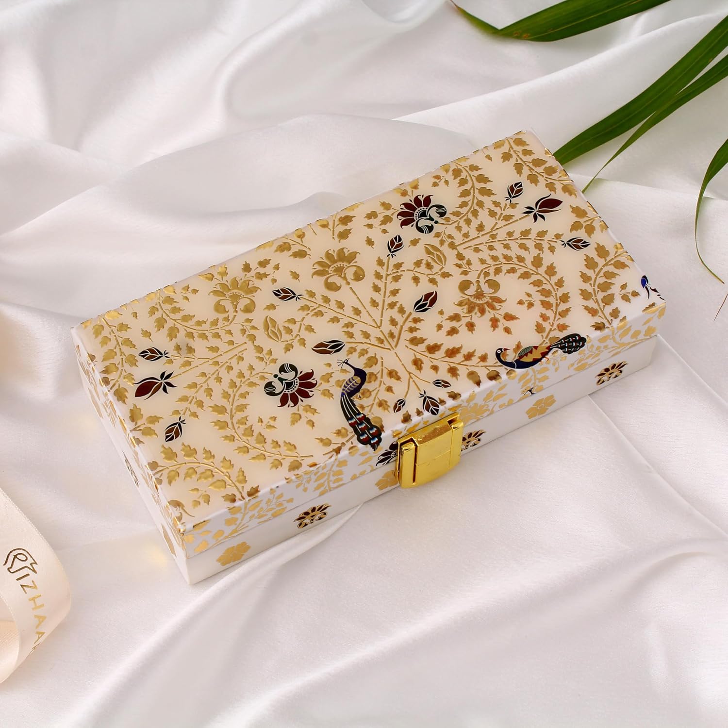 Peshkari Wooden Printed Cash Box Versatile For Shagun, Gifting, Gaddi, & Jewellery, Ideal For Shagun Envelopes, Wedding Gifts, & Special Occasions, Colour - Gold & White