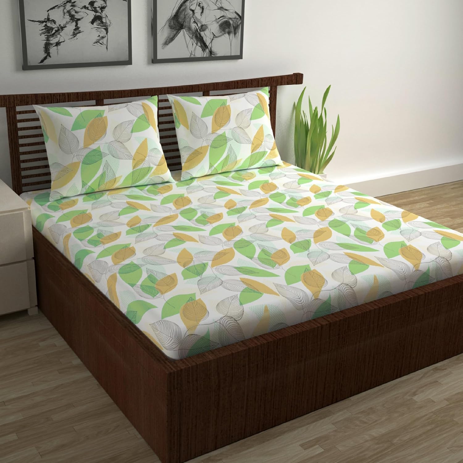 100% Cotton Double Bedsheet With 2 Pillow Cover - 87 X 100 Inches, Sage & Mustard | Lightweight, Soft, Skin Friendly - Durable Bedsheets For Everyday Comfort