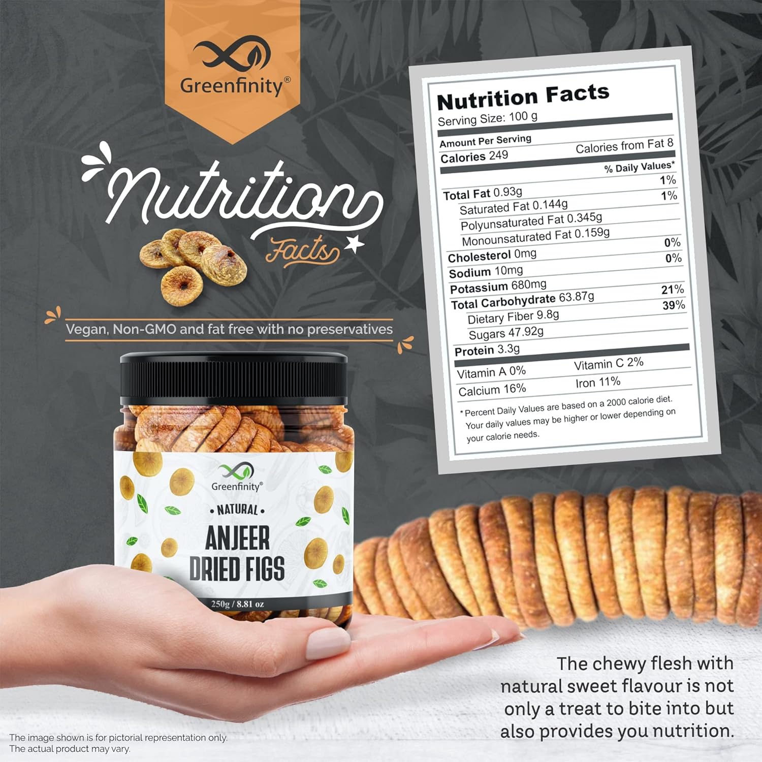 Natural Dried Figs Afghani Anjeer By GreenFinity 750gm, (250gm*3) Each | Natural Sweet Flavor Anjeer Dry Fruits Anjeer Jar | 8.8 Ounce Each
