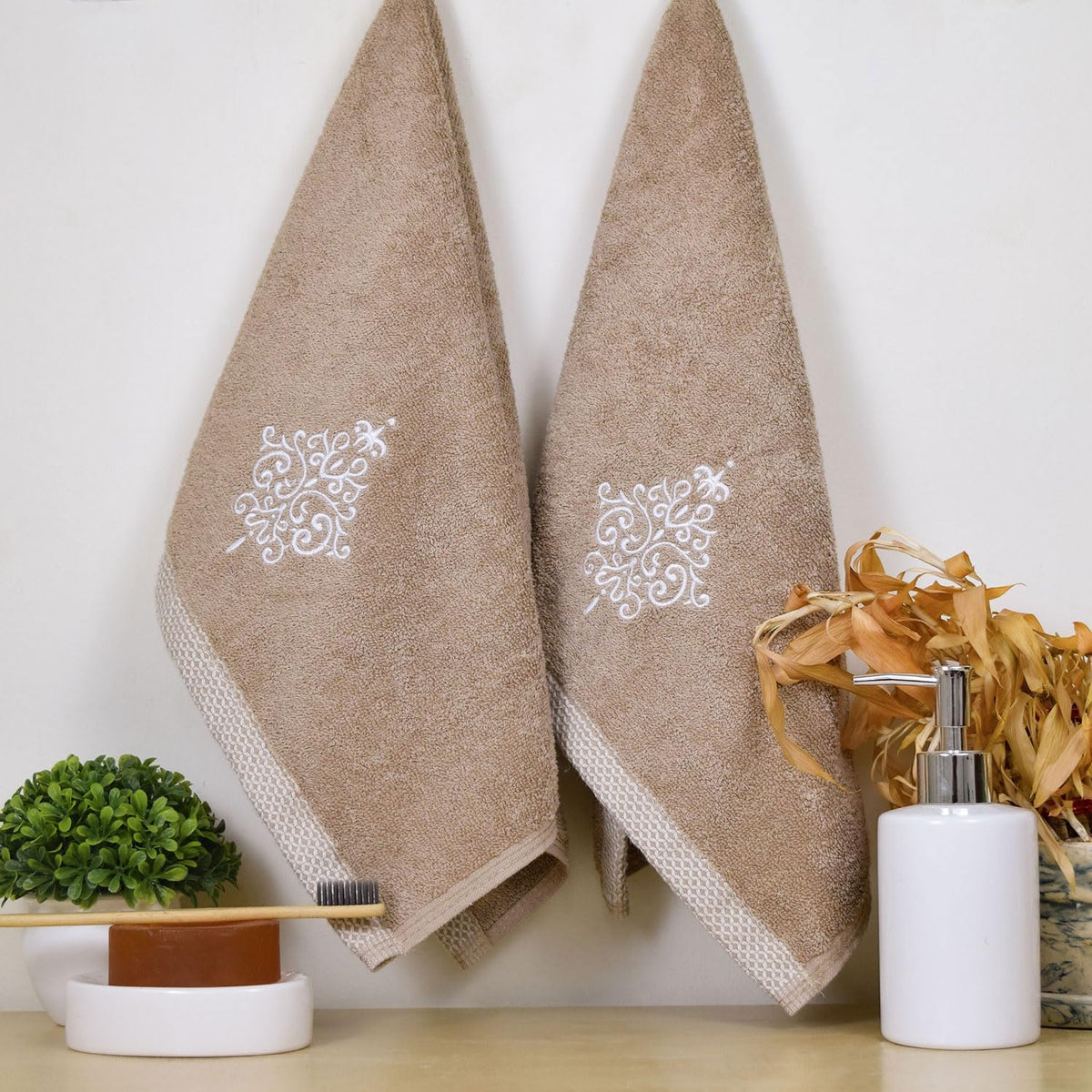 Rangoli 100% Bamboo Hand Towels 500 Gsm | Ultra Soft, Quick-Absorbent & Eco-Friendly Towels For Hand & Bathroom - Beige (Set Of 2)