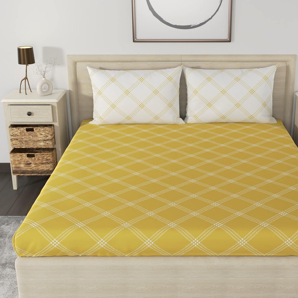 Premium Cotton Bedsheet For Double Bed King Size With 2 Pillow Covers - (108 X 108 Inches) Yellow & White | Ideal For All Season Comfortable Bedsheet