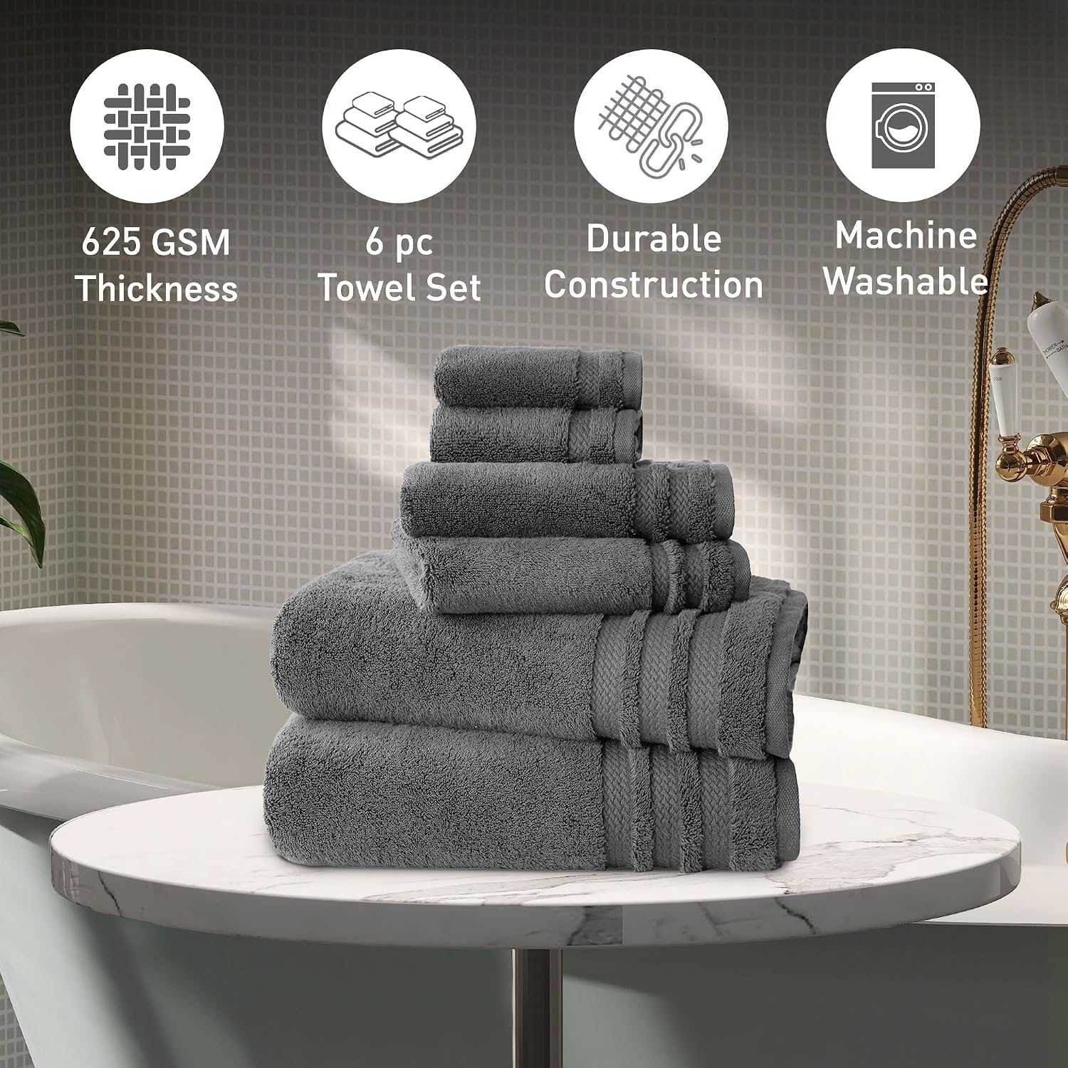 Mytrident Finesse 100% Cotton 2 Bath + 2 Hand & 2 Face Towels 1800 Gsm (Charcoal) -6 Piece