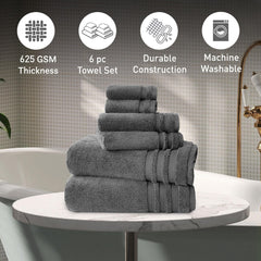 Mytrident Finesse 100% Cotton 2 Bath + 2 Hand & 2 Face Towels 1800 Gsm (Charcoal) -6 Piece