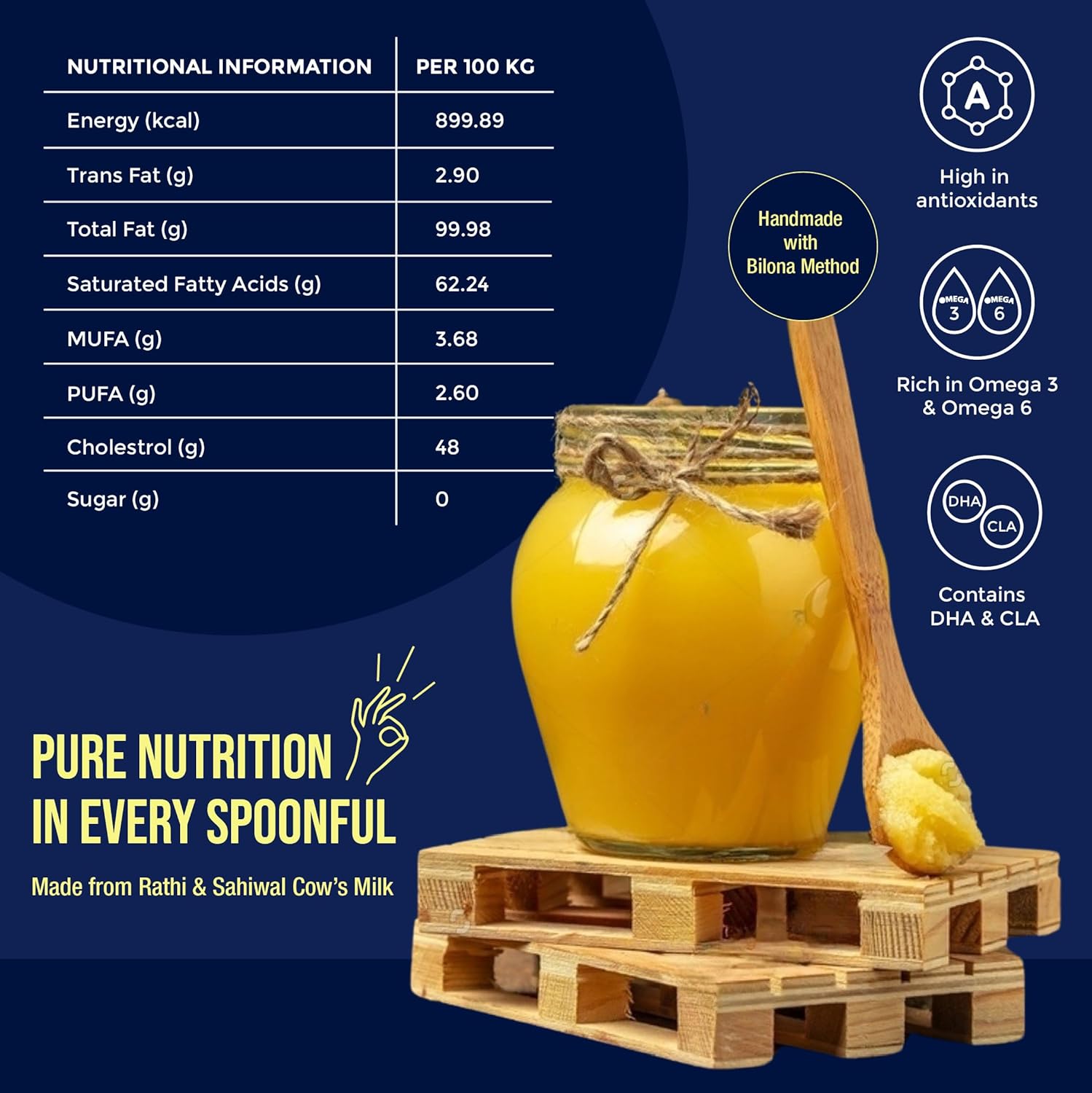 Pure A2 Cow Ghee By Pure Whites | Homemade Organic & Fresh Ghee Prepared Using Traditional Vedic Bilona Method | (500ml) 16.9 Ounce | Jar Pack