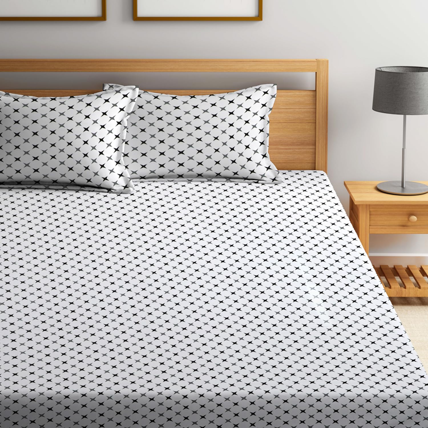 Ninja Star Double Bedsheet For King Size With 2 Pillow Covers - 108 X 108 Inches, White & Black | Soft, Breathable & Skin-Friendly Bedding For Daily Use