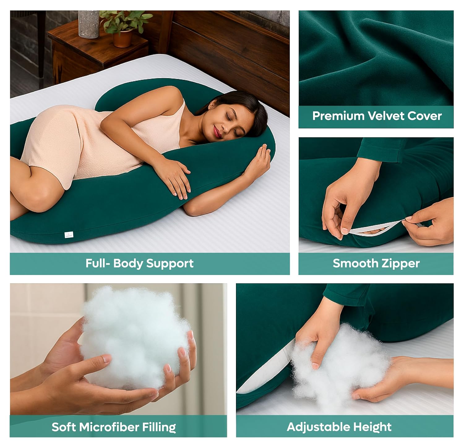 C Shape Pregnancy Pillows For Sleeping, Maternity Support, Peacock Green | Multipurpose Pillow For Back, Hips, Legs, Belly Support With Removable Washable Velvet Cover, Full-Body Support
