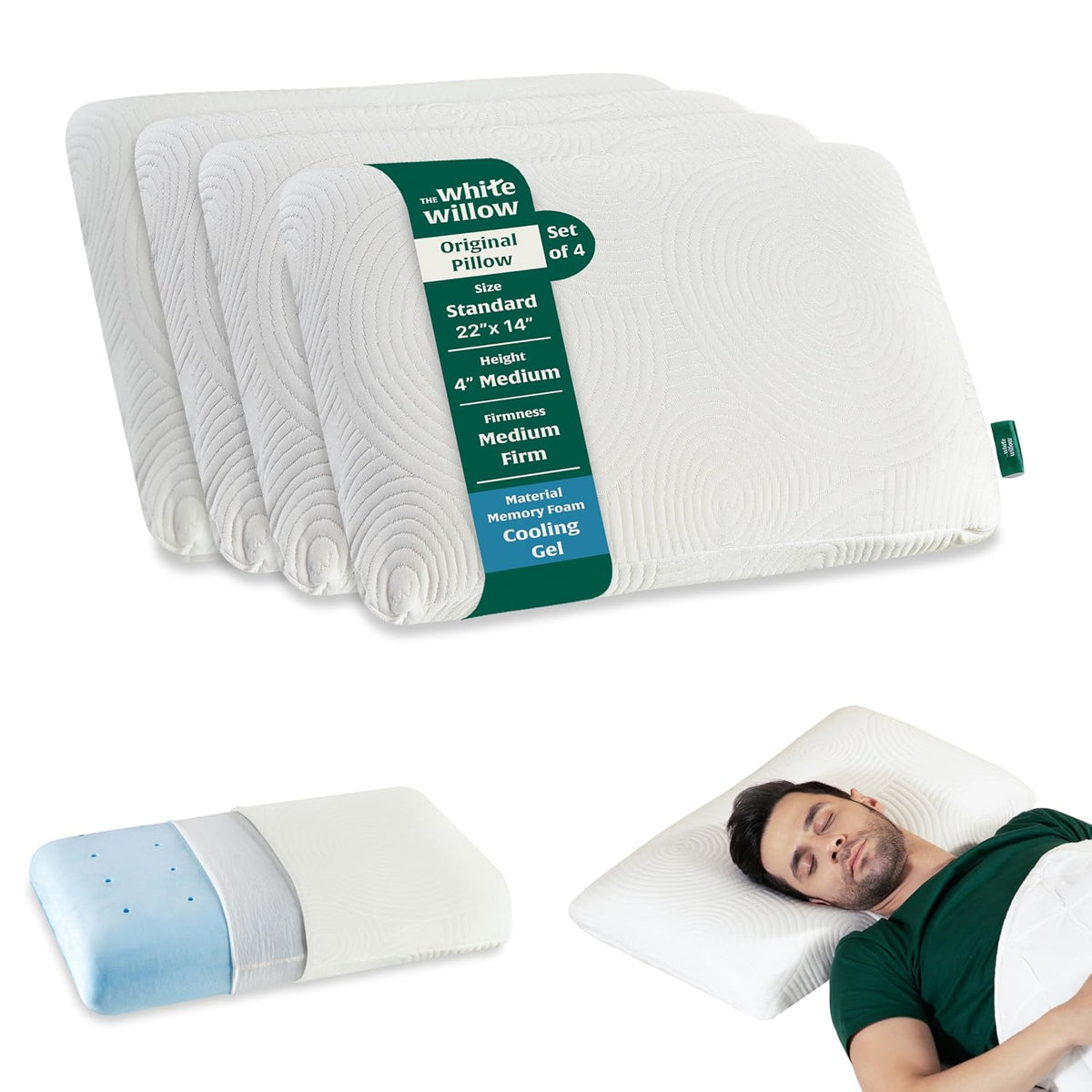 Memory Foam Pillow, Cervical Pillow For Sleeping, White - Standard Size - 4 Inch | Cool Gel Pillow For Neck & Shoulder Pain | Orthopedic Pillow For Back, Side & Stomach Sleepers - Set Of 4