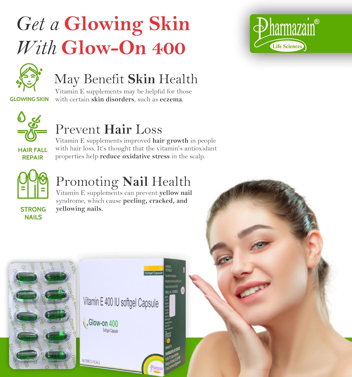 Pharmazain Life Sciences Vitamin E Capsules For Face & Hair | 400mg Vitamin E Capsule For Beautiful Glowing Face, Healthly Skin, Hair & Eyes Nutrition | 50 Capsules 5 Strips , 150gm 0.3lbs