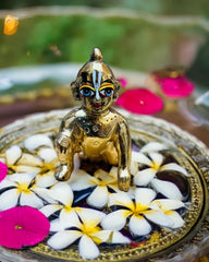 Ashtadhatu Krishna Idol, Laddu Gopal Ji, God Idol, Brass, Gold Idol - Size No.3, Thakur Ji Idol, Golden Hand Painted Statue, Occasion - Krishna Janmashtami, For Home Temple, Kanha Ji