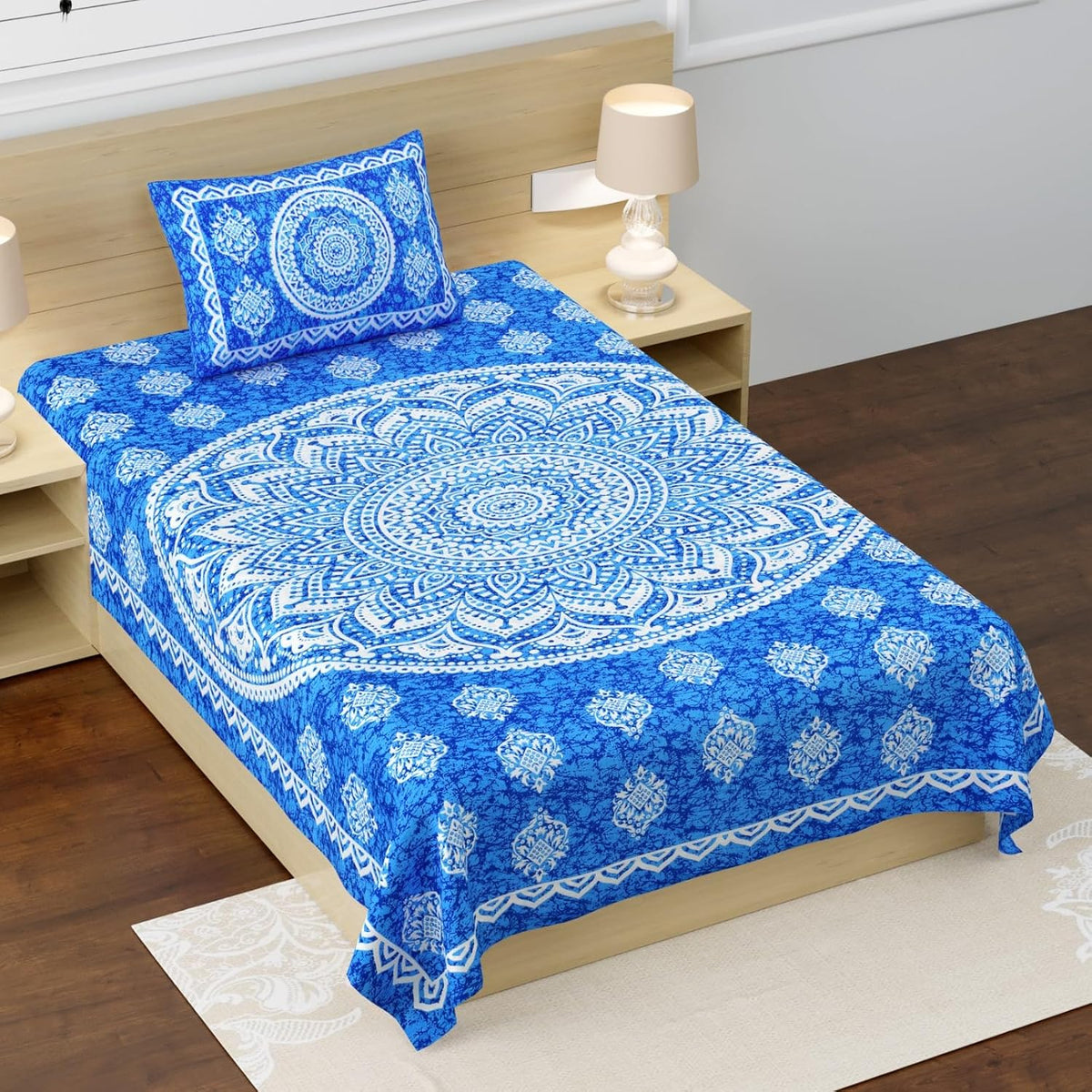 100% Cotton Single Bed Sheet With 1 Pillow Cover - 56 X 86 Inches, Blue & White | Super Soft Microfiber, Breathable Wrinkle, Fade Resistant