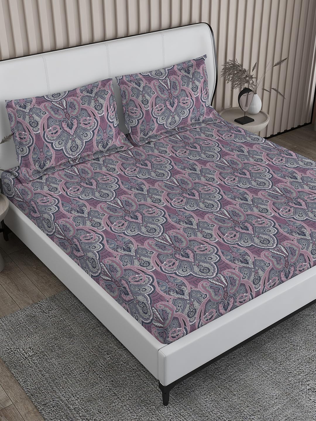 Printed Cotton Bedsheet Set With 2 Pillow Covers - 108x108 Inches, Purple | Ideal For Resorts, Guest Houses, & Daily Home Use-King Size Double Bed