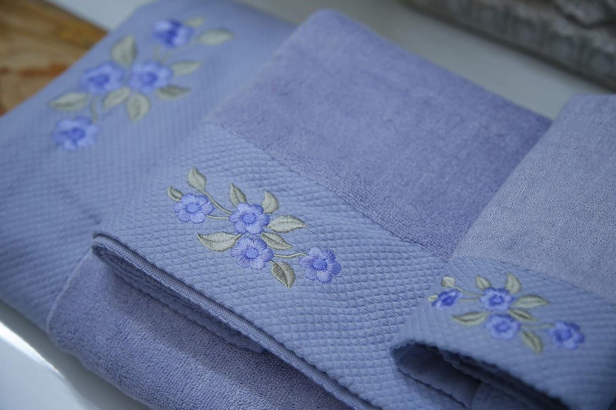 100% Bamboo Embroidery Bath, Hand & Face Towel Set 900 Gsm (Blue) - 3 Pcs