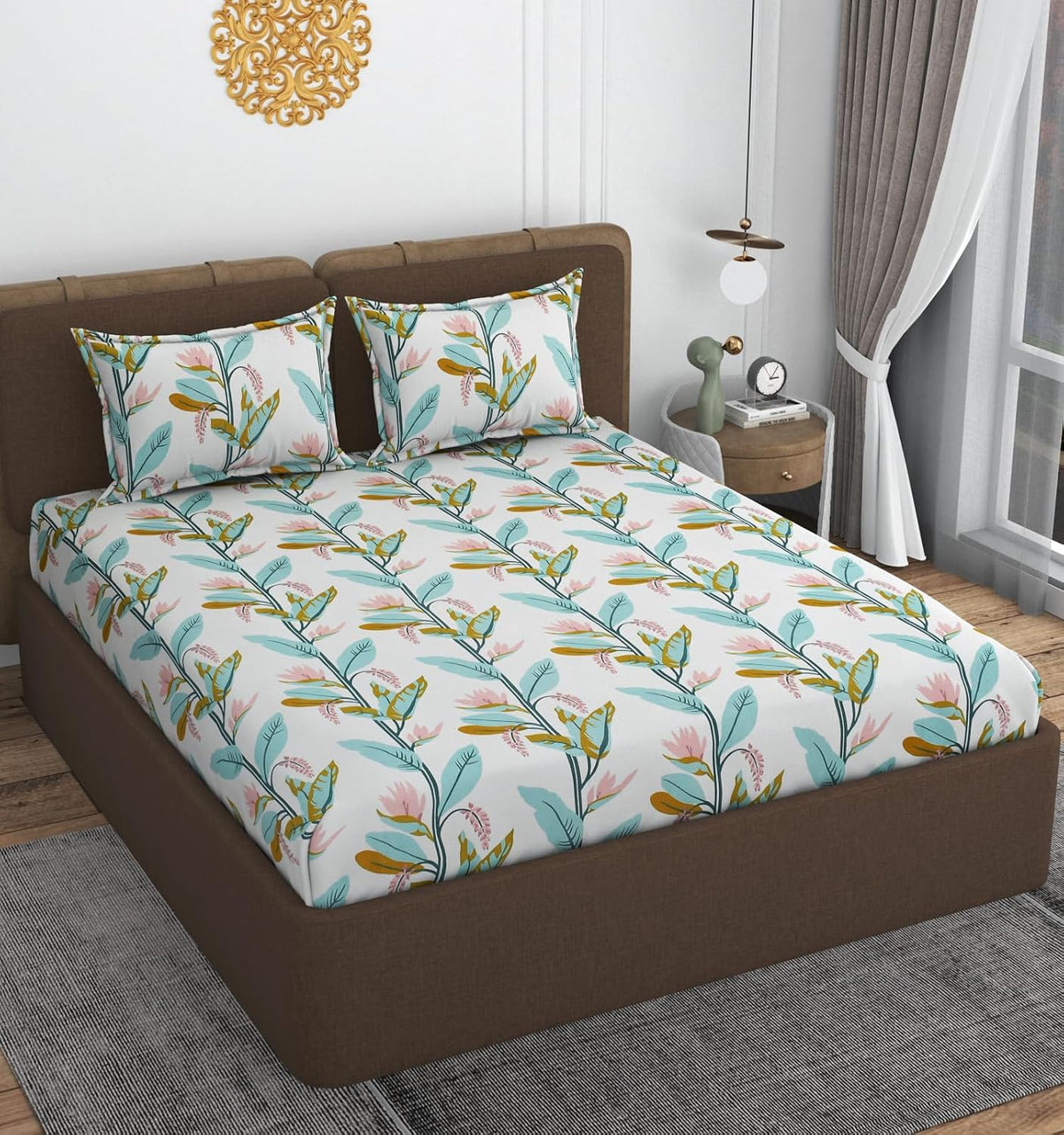 Printed Double Bedsheet With 2 Matching Pillow Covers - 72 X 78 X 10 Inches, Cream | All Around Elastic Fitted King Size Bedsheets | Ideal For Home, Hotel, Bedroom
