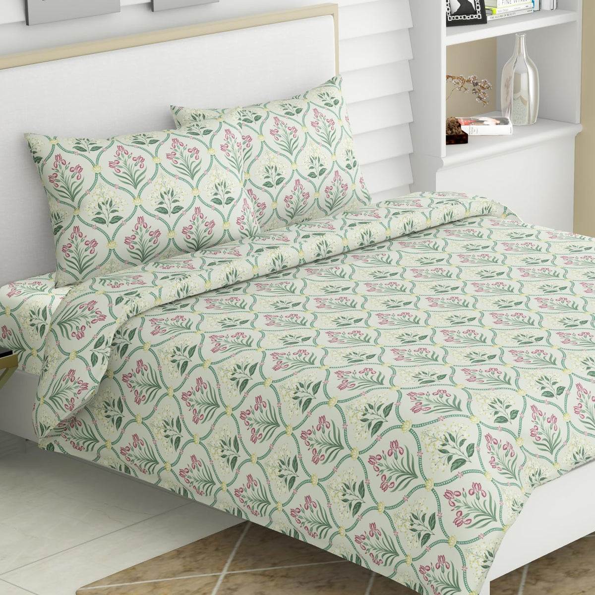 Bedsheet King Size 100% Pure Cotton Floral Sheet With 2 Pillow Covers | 108 X 108 Inches, Green & Pink | Perfect For Gifting On Weddings, Housewarmings, Or Anniversaries