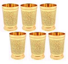 Pure Yellow Brass Luxury Water Glass Set Of 6 - 300ml Capacity Each Glass | Beautiful Floral Pattern - Pital Water Glass