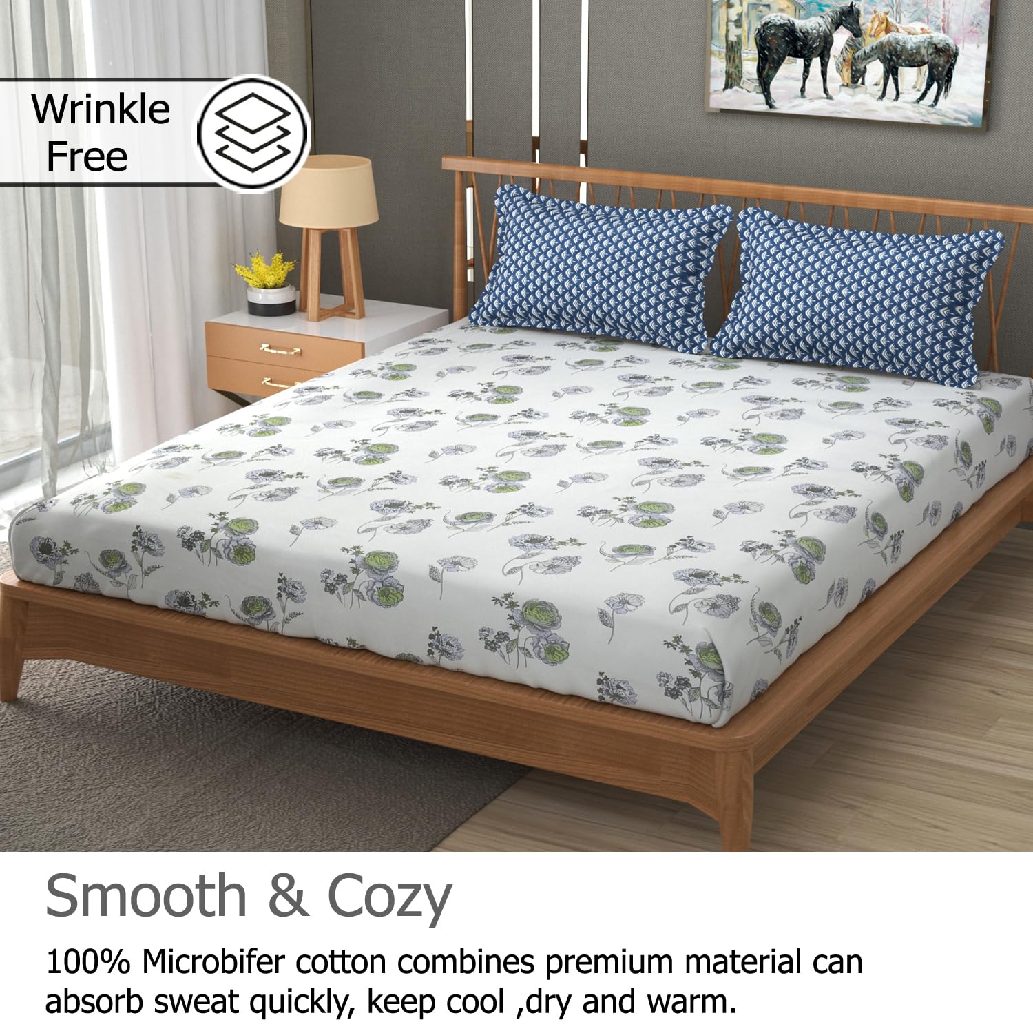 Printed King Size Bedsheet With 2 Pillow Cover - 108 X 108 Inches, White & Blue | Double Bed Breathable & Wrinkle Free | All-Season Comfort Bedsheet