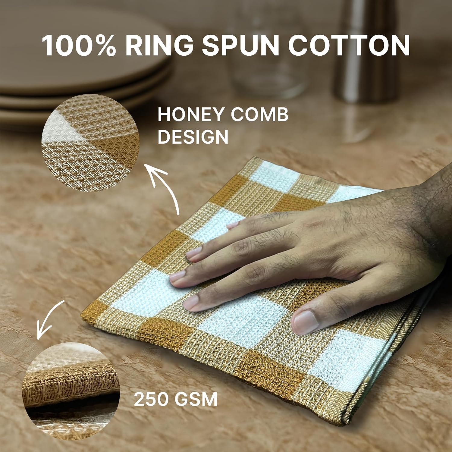 Am Safe Xam Safe X 100% Cotton Kitchen Towels 200 Gsm | Dish Cloths, Table & Fridge Cleaning, Roti Napkins -Pack Of 3 (Beige & White)