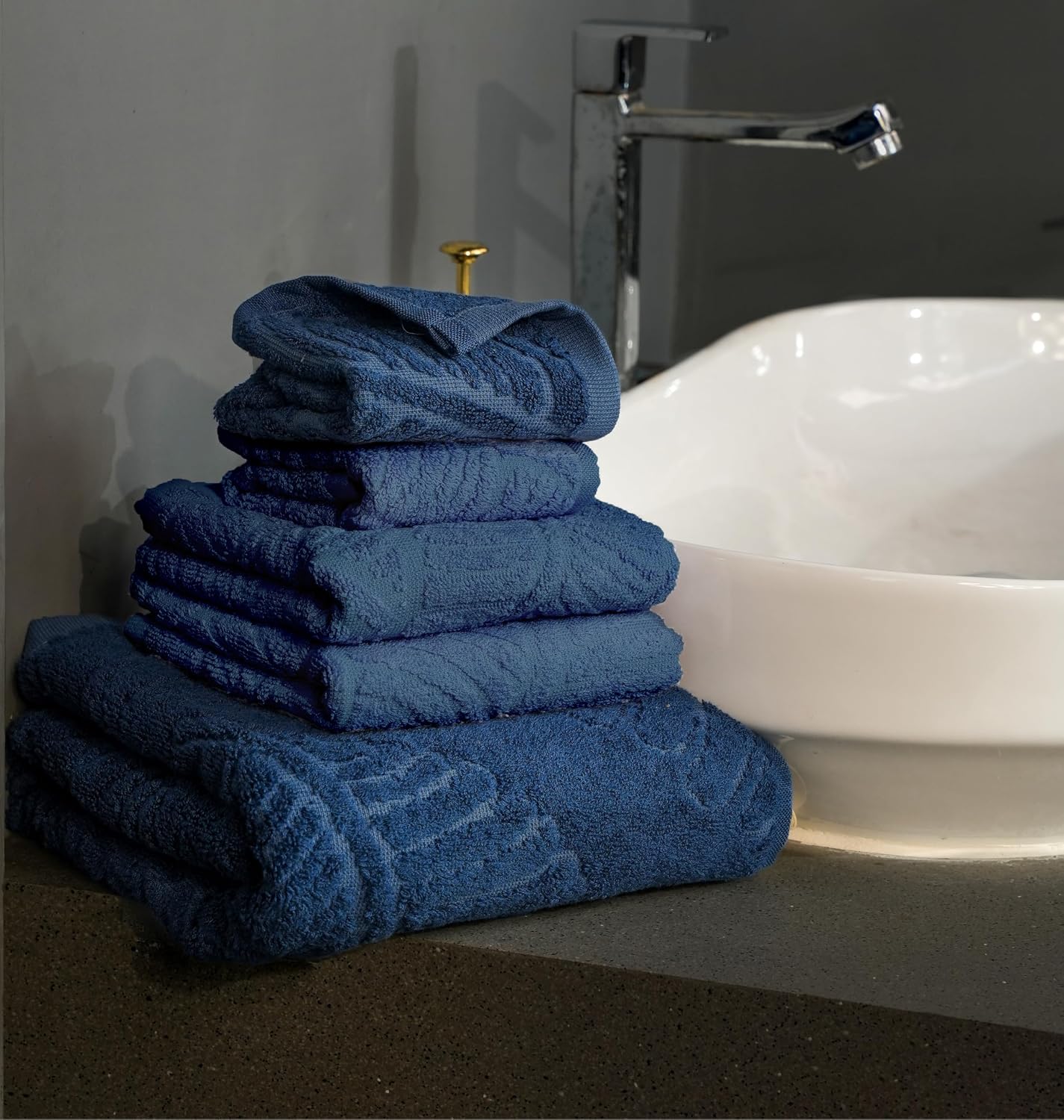 Musa Banana Terry Towel 1400 Gsm 1 Bath, 2 Hand & 2 Face Towels With Free Bag 900 Gsm | Terry Towels For Bath Large Size (Midnight Blue) -Set Of 5
