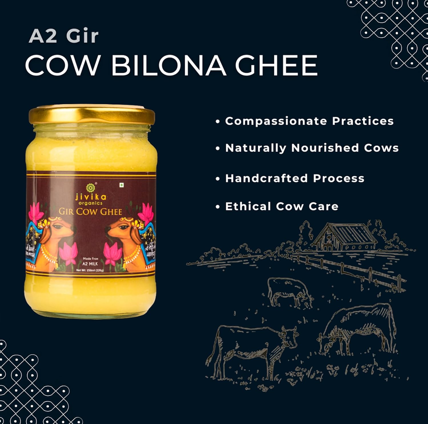 Organic Natural Gir Cow Ghee By Jivika Naturals | Good Source Of Vitamin A & Healthy Desi Ghee Perfect For Boost Energy | (250ml) | 8.4 Ounce | Jar Pack