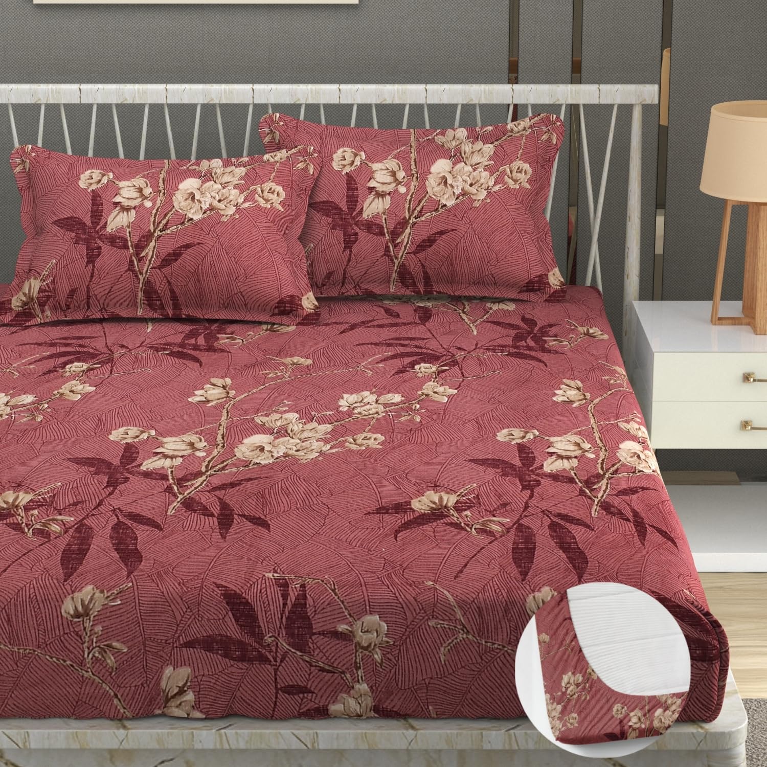Premium Heavy Cotton Elastic Fitted King Size Bedsheet With 2 Pillow Covers - 72 X 78 X 10 Inches, Maroon | All Weather Comfort & Bedroom