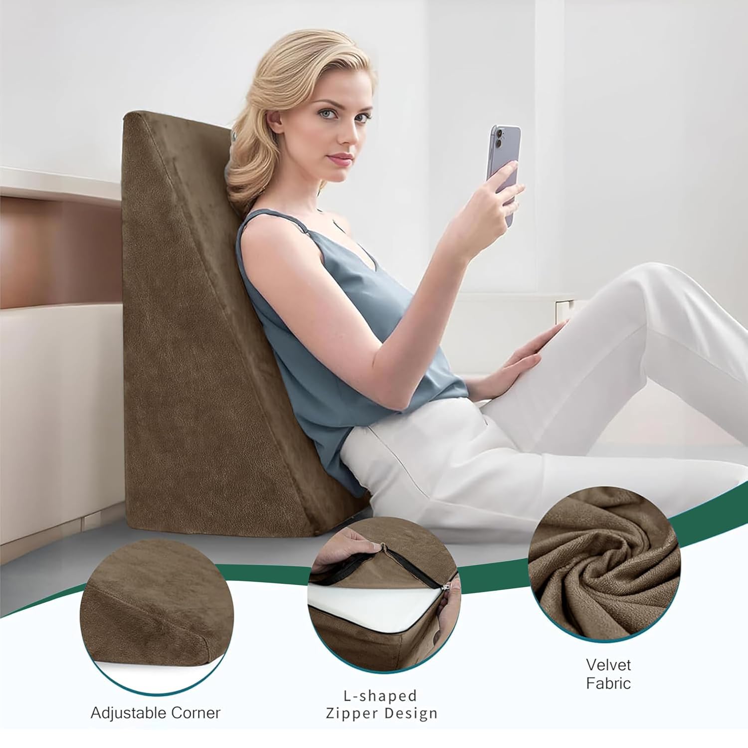 Wedge Pillow, Back Support Pillow For Neck Pain, Medium Firm, Brown Color | Pillow For Headaches, Reflux, Shoulders, Back Pain & High Resilience, Velvet Fabric, Adjustable Pillow - Pack Of 1