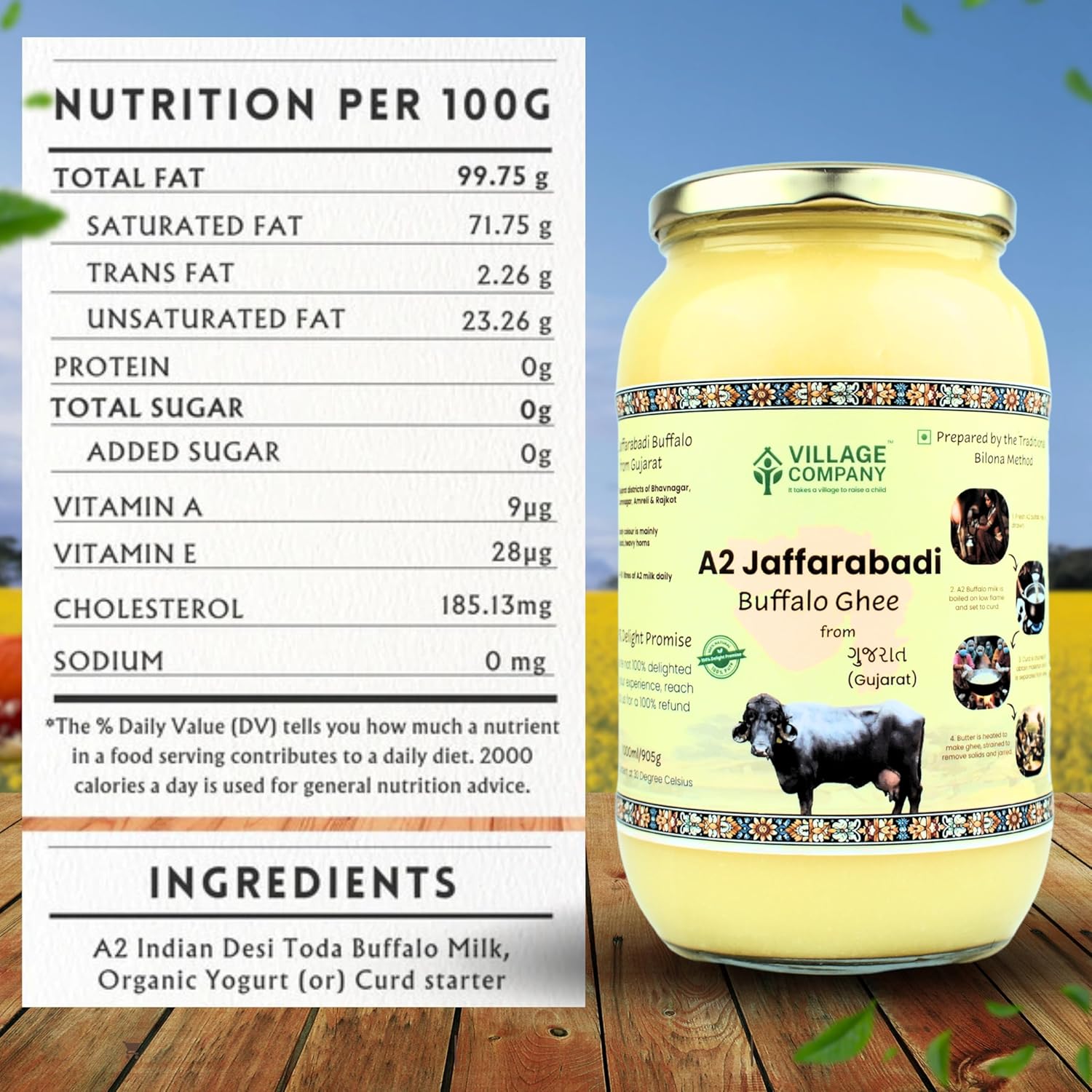 Premium A2 Jaffarabadi Buffalo Ghee By Village Company | Rich In Nutrients Calcium & Iron Pure Healthy Desi Cow Ghee For Overall Health | (1 Litr) 33.8 Ounce | Jar Pack