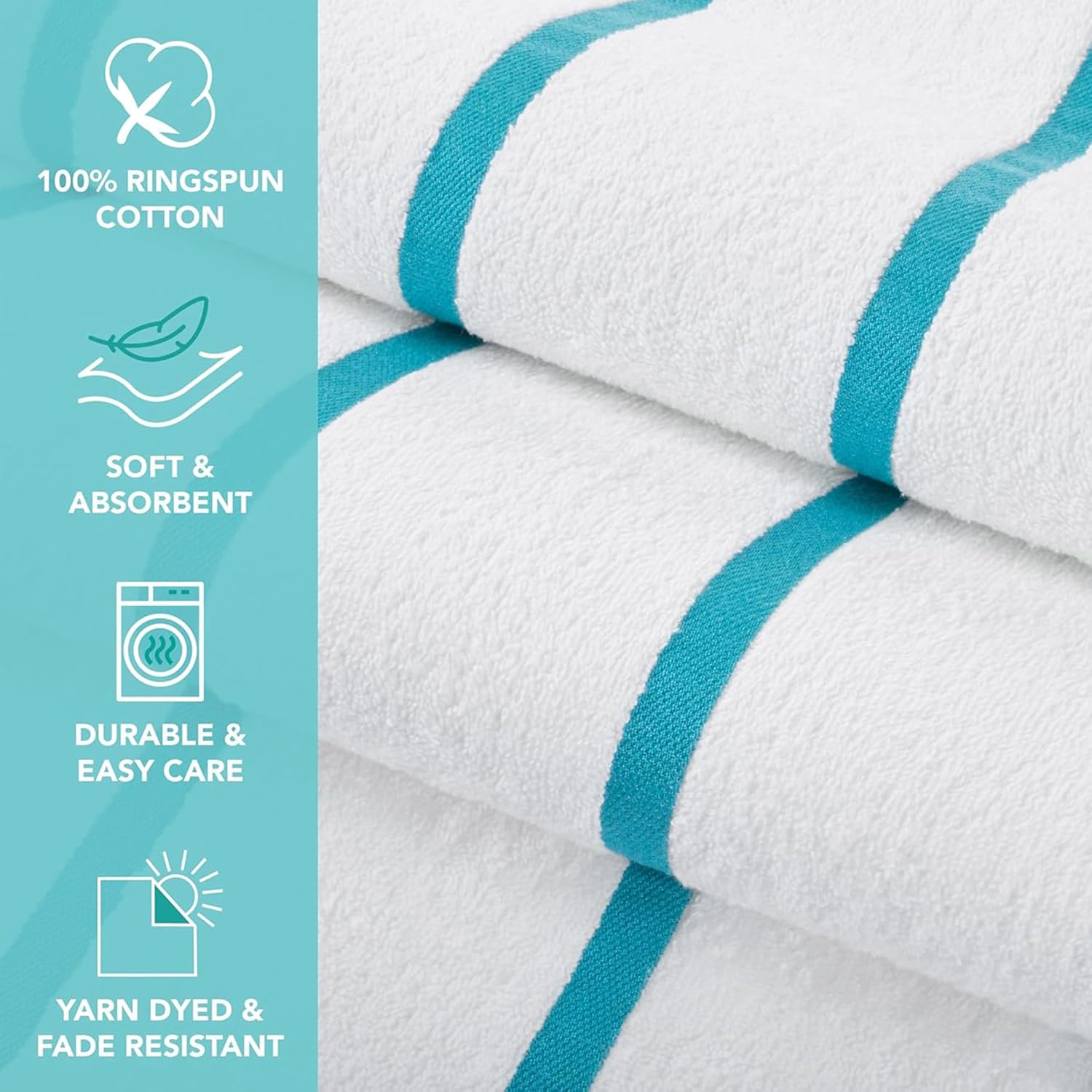 Casa Copenhagen Pack Of 2 Cabana Pool Xl Bath Towels 610 Gsm Cotton Rough & Tough Use Colour (White Teal Stripe)