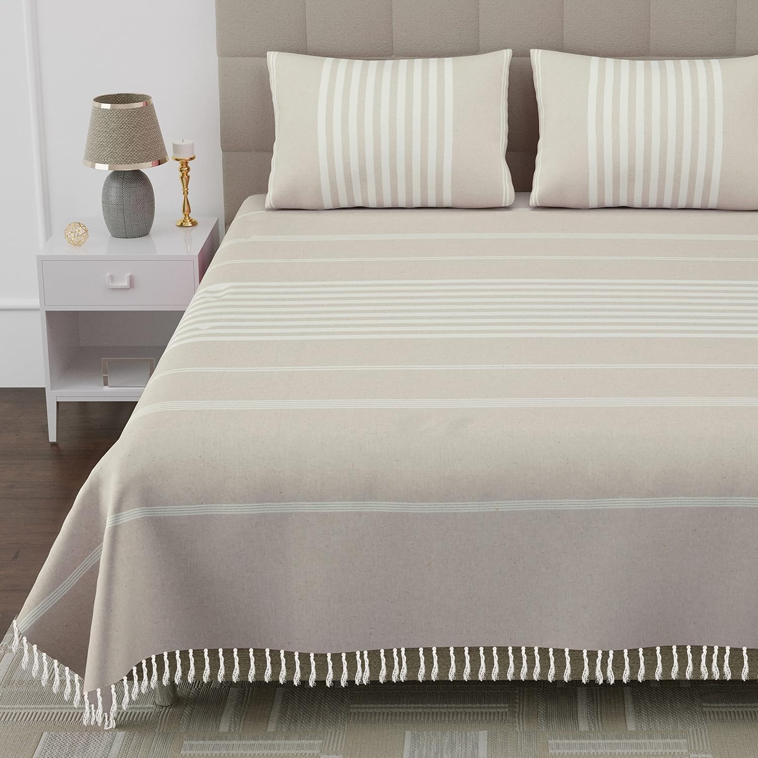 100% Cotton Double Bedsheet With Two Pillow Cover - Queen Size 90 X 100 Inches, Cream & White | Handloom Cotton Bedsheets For Double Bed | All Season Comfort