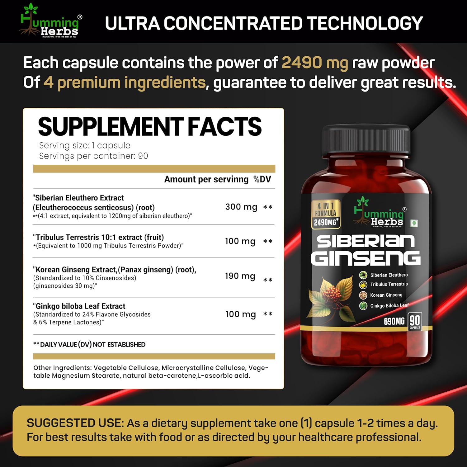 Humming Herb Siberian Ginseng Energy Boosting, Immune Supporting & Performance Enhancing, Includes Ginkgo Biloba Leaf, Tribulus Terrestris & Korean Eleuthero Root 2490mg | 90 Capsules 150gm 0.3lbs