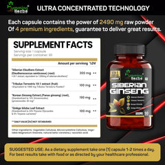 Humming Herb Siberian Ginseng Energy Boosting, Immune Supporting & Performance Enhancing, Includes Ginkgo Biloba Leaf, Tribulus Terrestris & Korean Eleuthero Root 2490mg | 90 Capsules 150gm 0.3lbs