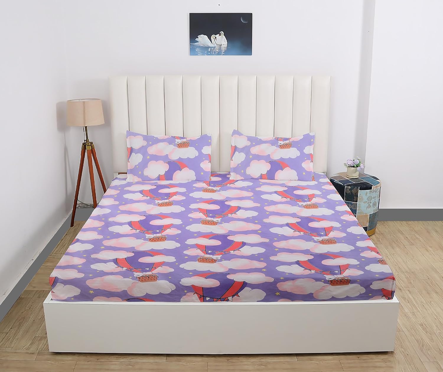 Elastic Fitted Bedsheet For King Size With 2 Pillow Covers - 72 X 78 X 8 Inches, Lavender | Presents Luxurious Glace Cotton Super Soft 210 Thread Count