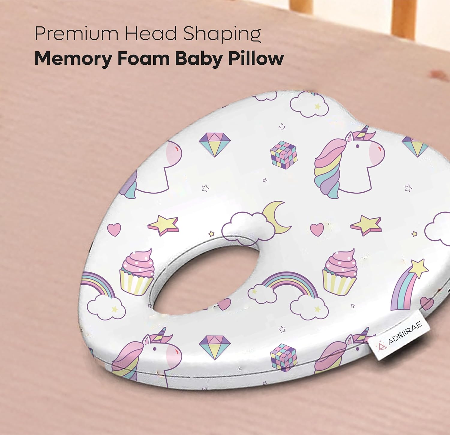 Premium Head Shaping Heart Shape Memory Foam Pillow, White - Unicorn Print - 23 X 23 X 4 Cm | Head Corrector Pillow, Lightweight & Portable, Ultra - Soft & Breathable Fabric Pillow