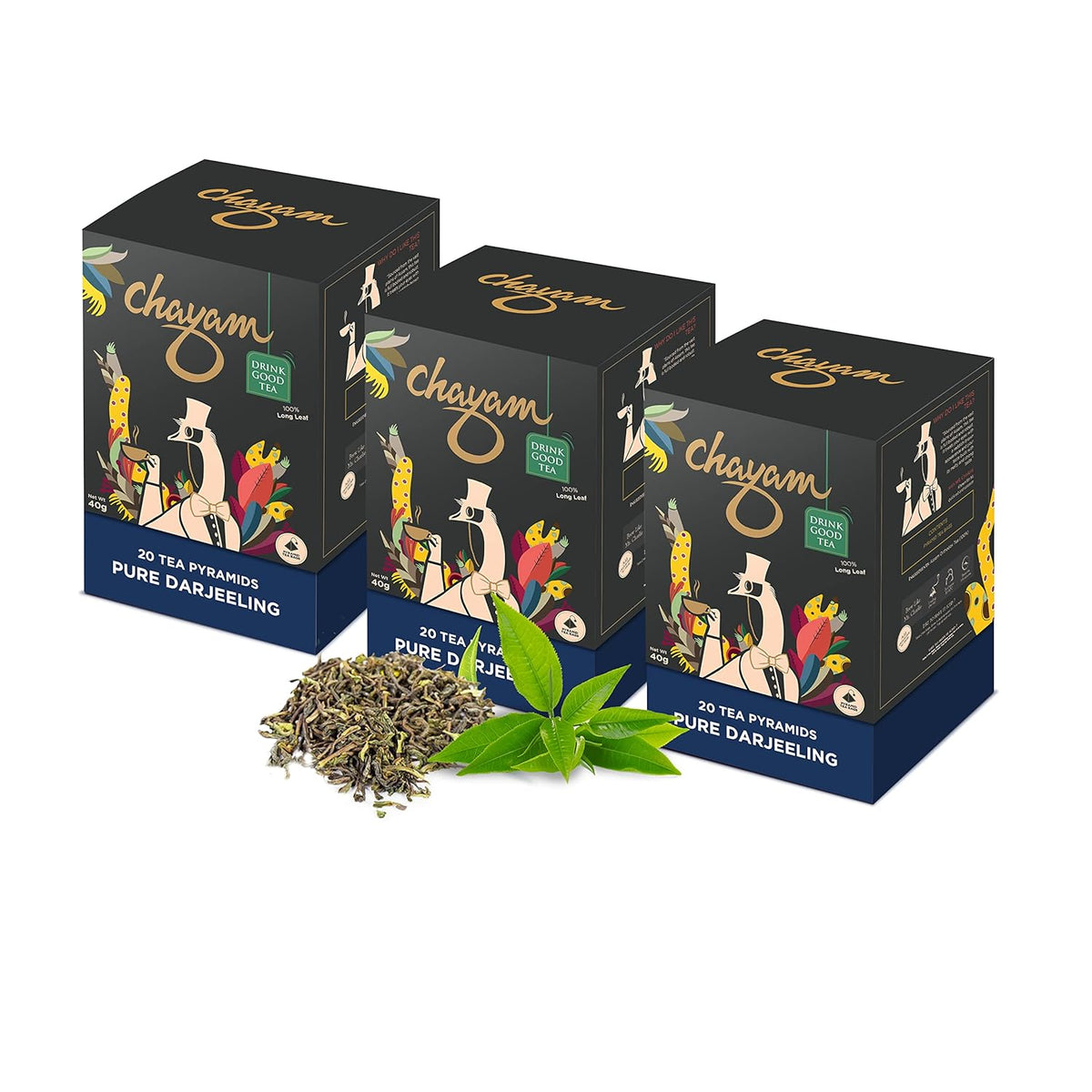 Chayam Pure Darjeeling Tea - Pack Of 3 X 20 Pyramid Tea Bags | Premium Whole Leaf Black Tea - Make Iced Or Hot Tea | Low Caffeine, Gluten Free
