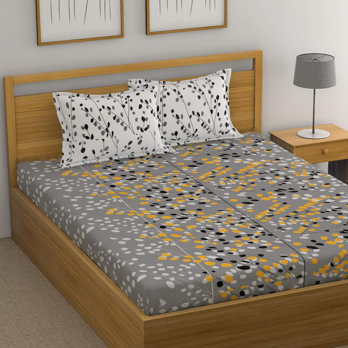 Bedsheet For Double Bed With 2 Pillow Covers | Soft, Lightweight & Breathable Cotton Bedsheet | Queen Size - 88 X 96 Inches, Grey & White
