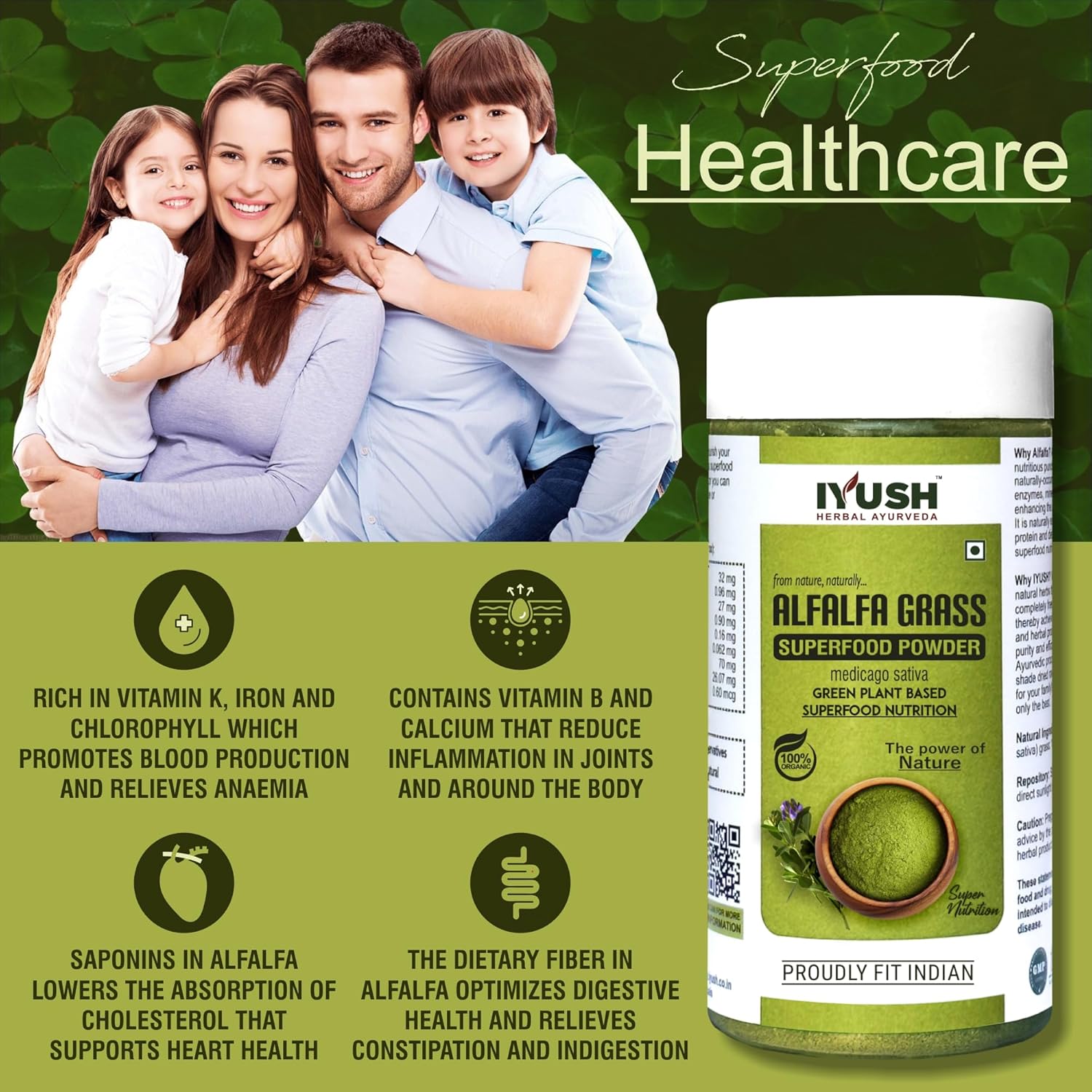 Iyush Herbal Ayurveda Alfalfa Superfood Powder, 100% Forest Variety Herbs, 100% Organic, Pure & Natural | 100gm 0.2lbs Each Pack Of 2
