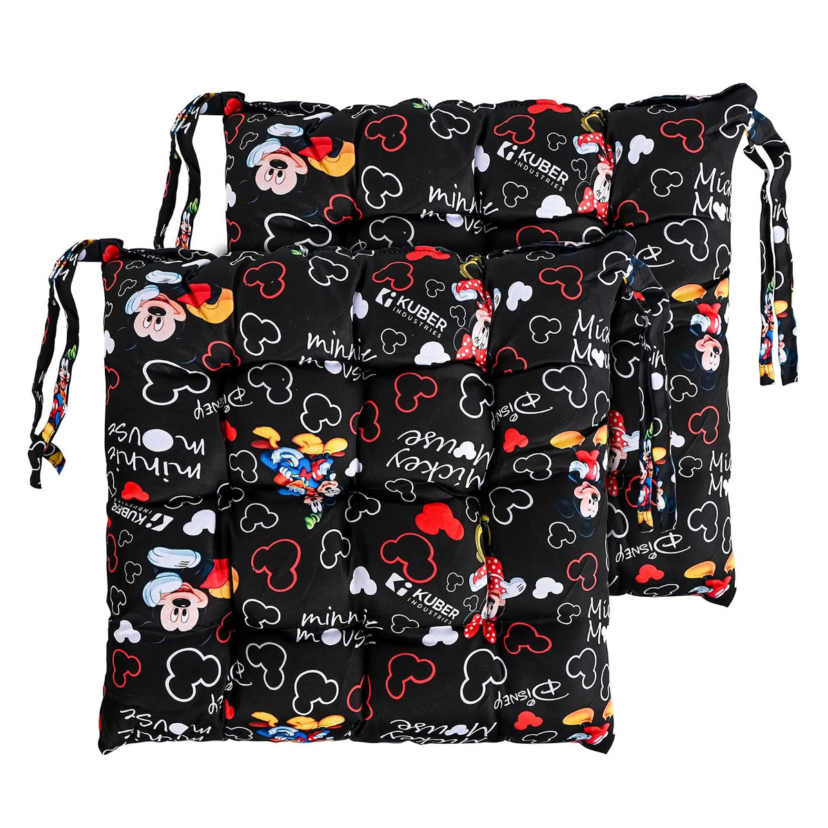 Soft & Comfort Chair Cushion Pad With Ties, Sitting Pillow, Disney Print - Black | Square Shape Pillow, Gaddi For Office, Study Chair, Sofa, Pooja Room | Pain Relief Seat Cushion - 2 Pcs