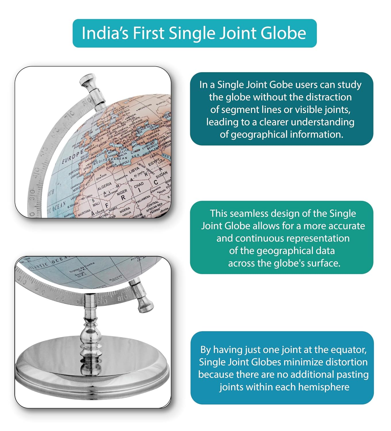 Prime Single Joint Globe, Dia 25 Cm (10 Inch) Height 33 Cm (13.2 Inch) With Metal Arc & Base | Educational & Decorative Globe, Pack of 1