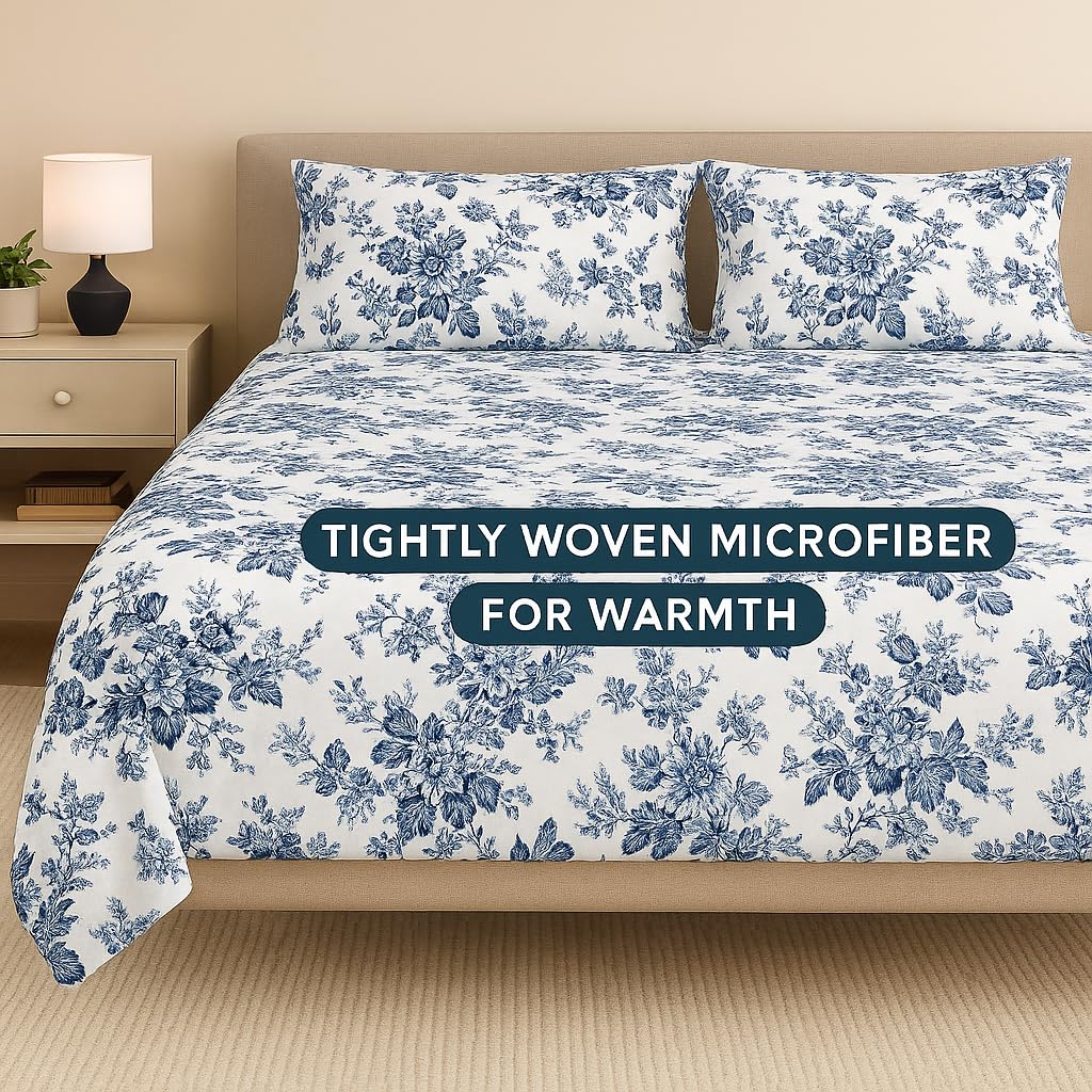 Microfiber Single Bedsheet With 2 Matching Pillow Cover Light Weight & Bedsheets For Single Bed | 68 x 90 Inch, Blue & White Bedsheet - Designed For Standard Single Bed