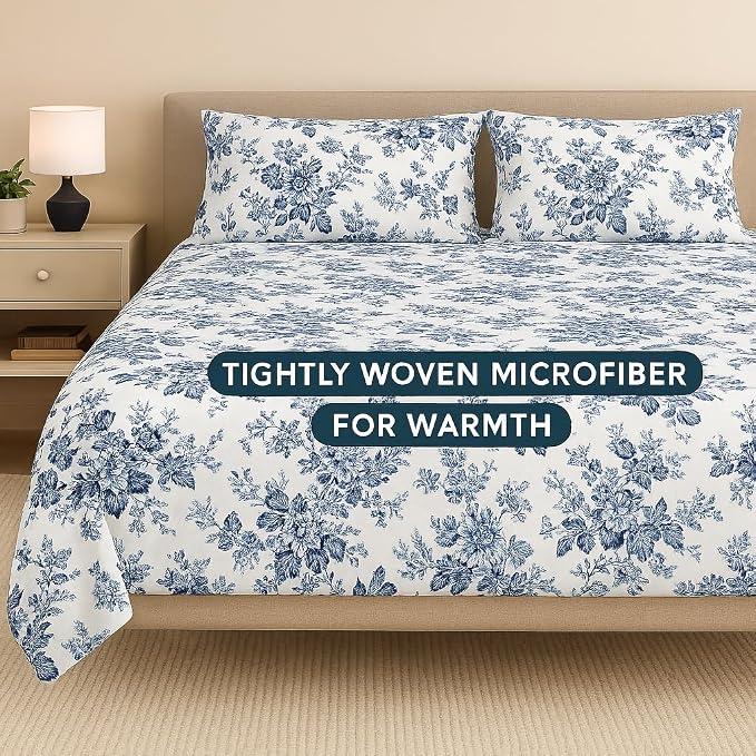 Bedsheet For King Bed With 2 Pillow Covers - King Size 108x108 Inch, White | Blue Floral Print Ultra Soft & Breathable Bedding Set