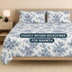 Bedsheet For King Bed With 2 Pillow Covers - King Size 108x108 Inch, White | Blue Floral Print Ultra Soft & Breathable Bedding Set