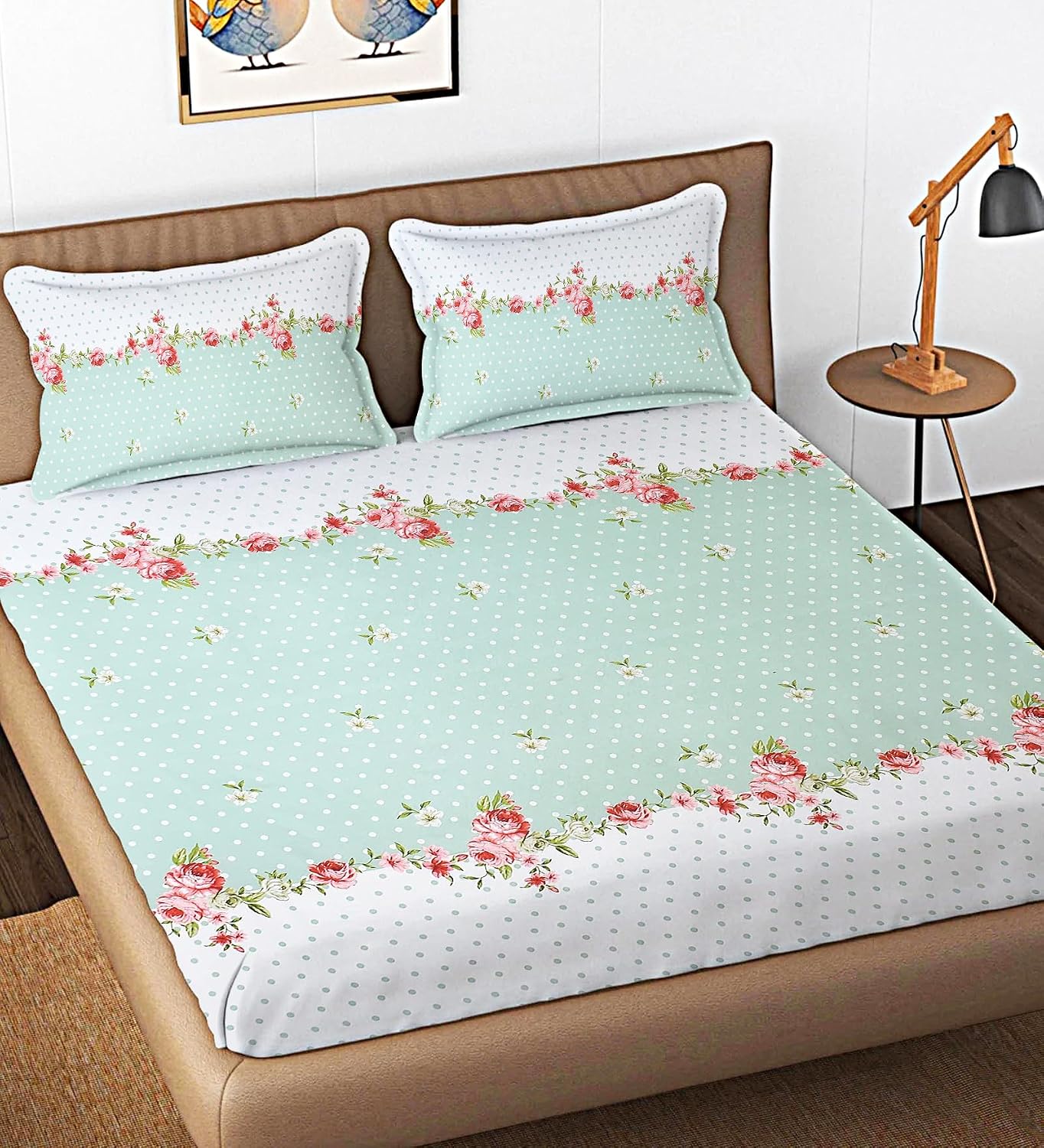 Cotton Bedsheet For King Size With 2 Pillow Cover (90 X 90 Inches) White & Green | Long-Lasting & Luxuriously Soft | 210 Thread Count Bedsheet