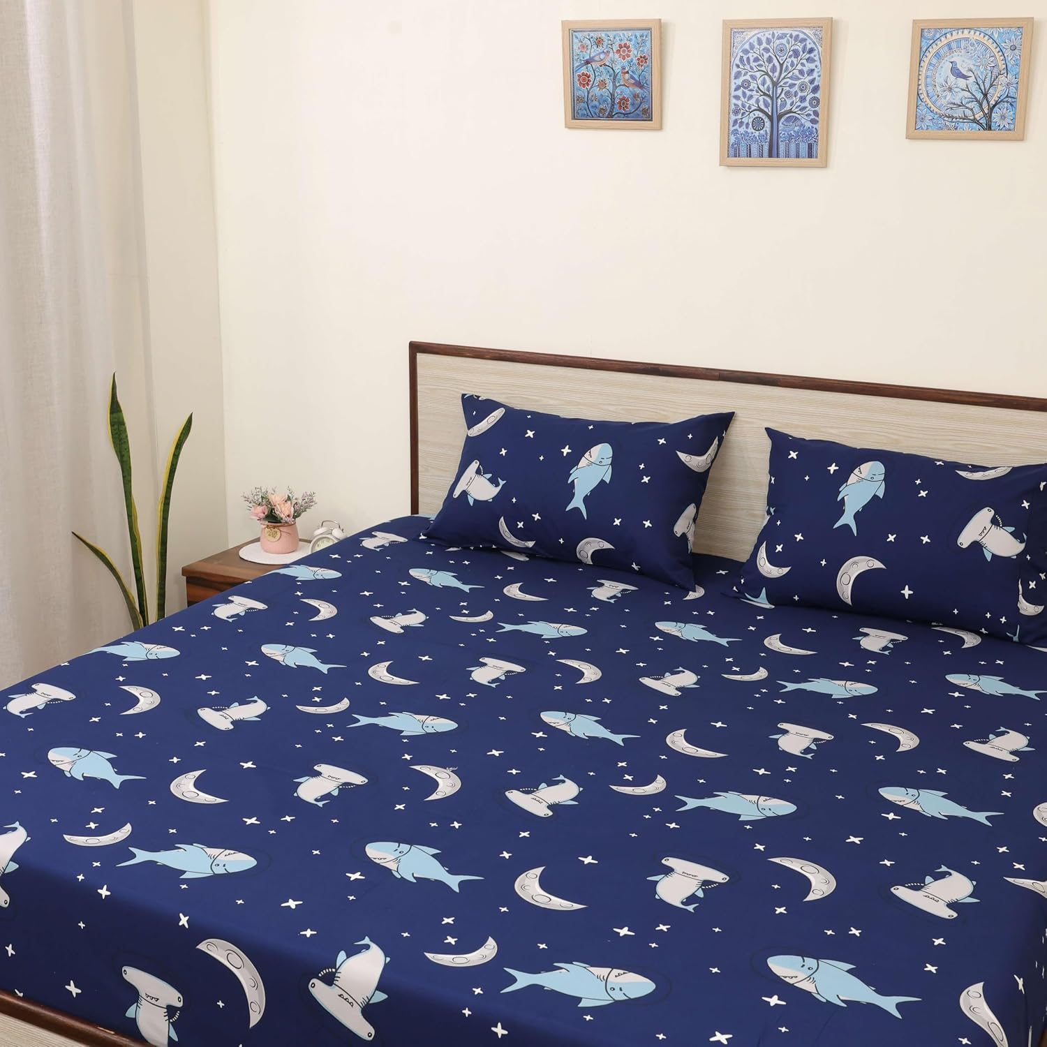 Microfiber Bed Sheet Kids Collection Soft & Cozy Bedding - Moonlit Sharks Pattern Bedsheet | Single Size – 68 X 90 Inch, Dark Blue Beautiful Moonlit Design