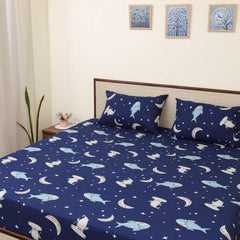 Microfiber Bed Sheet Kids Collection Soft & Cozy Bedding - Moonlit Sharks Pattern Bedsheet | Single Size – 68 X 90 Inch, Dark Blue Beautiful Moonlit Design