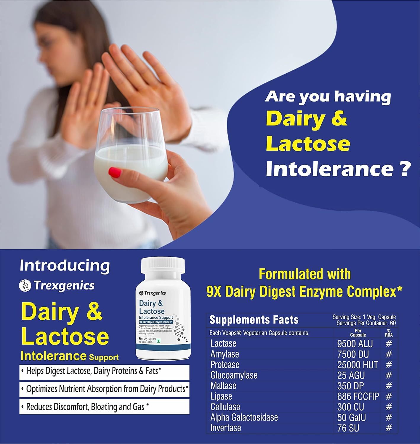 Trexgenics Dairy & Lactose Intolerence Support 9x Dairy Digest Enzyme Complex For Lactose, Dairy Fat, Protein & Carbs Digestion | 60 Veg Capsules, 100gm 0.2lbs