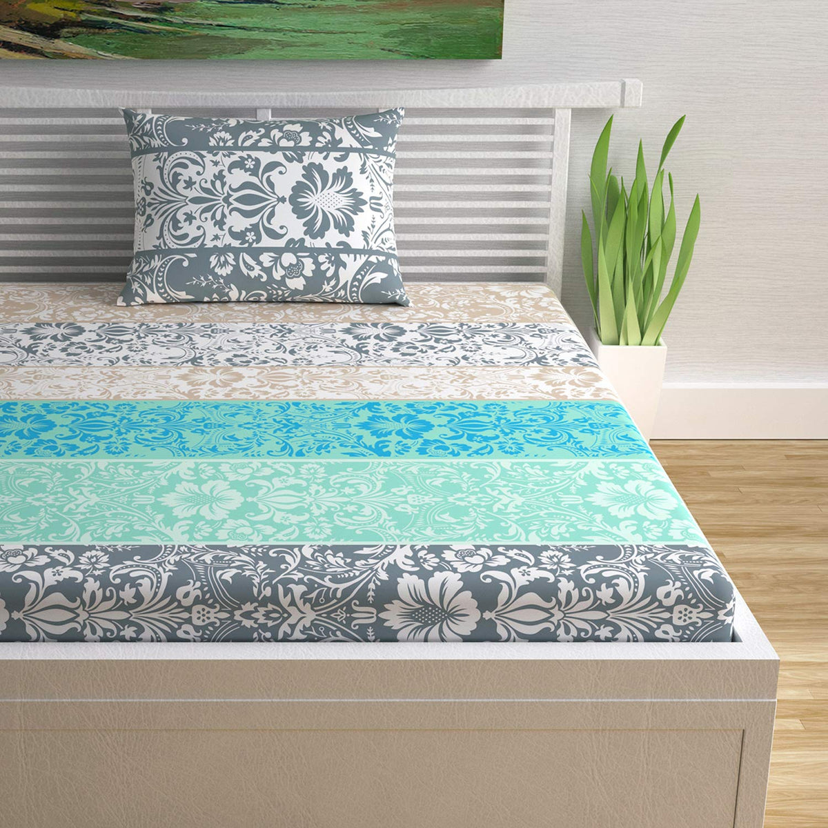 Single Bedsheet With 1 Pillow Cover - 57 X 87 Inches, Grey & Blue | Designer Printed Bedsheet Set - Naturally Soft, Breathable & Skin Friendly