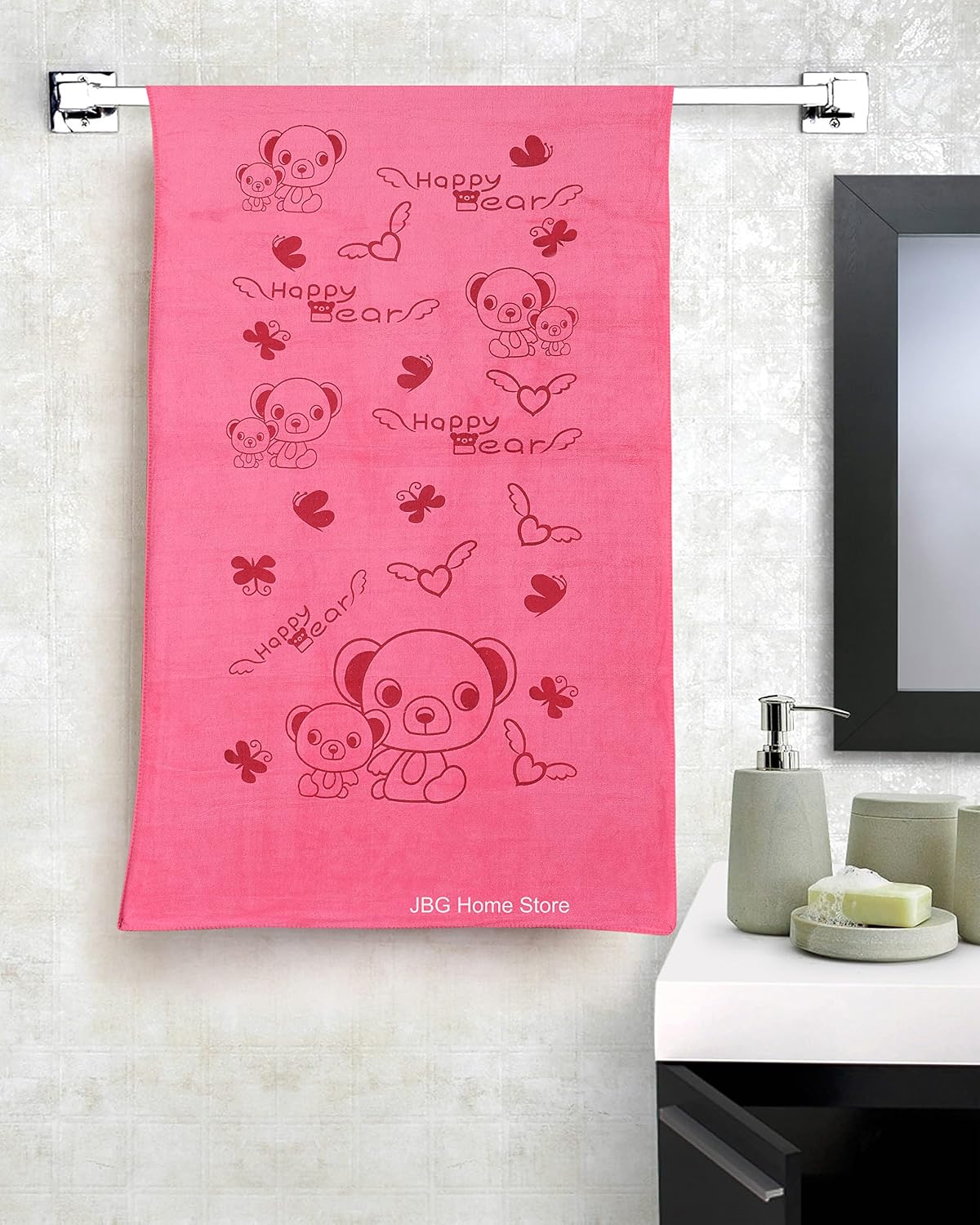 Jbg Home Store Kids Bath Towel 500 Gsm | Premium Microfiber Quick Drying Towels For Babies, Cartoon Print Wash Dry Cloth Towel (Pink & Peach Bear) - 2 Pcs