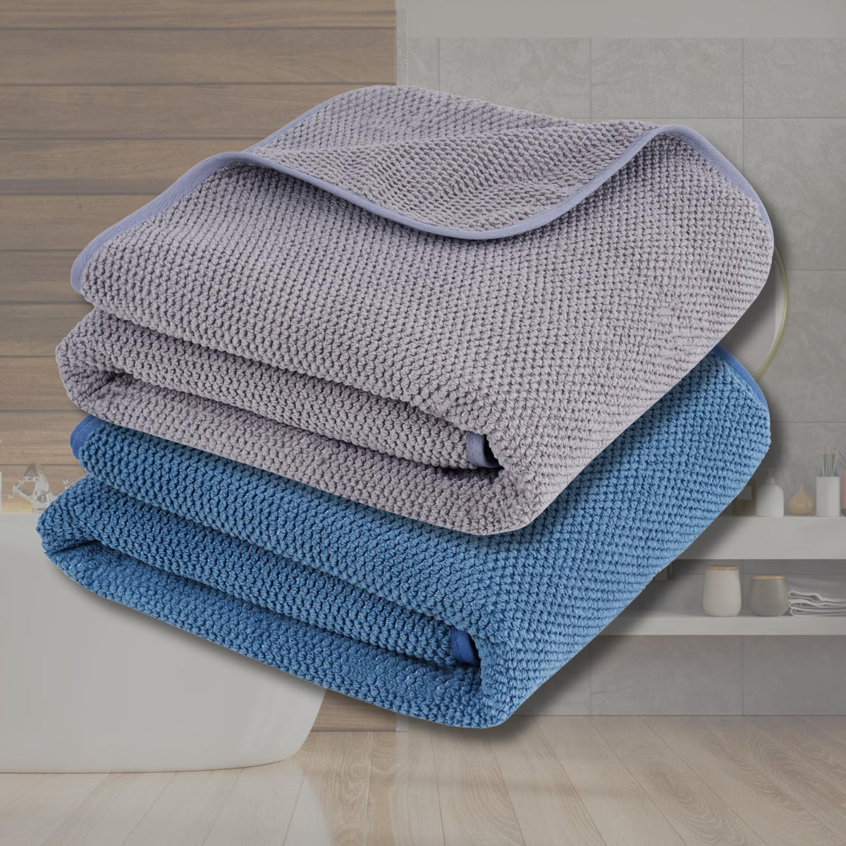 Fezora Microfiber Contler Bath Towels 700 Gsm | Large Size Bath Towel Soft & Absorbent Bath Towel For Men & Women (Grey & Dark Blue)- Pack Of 2